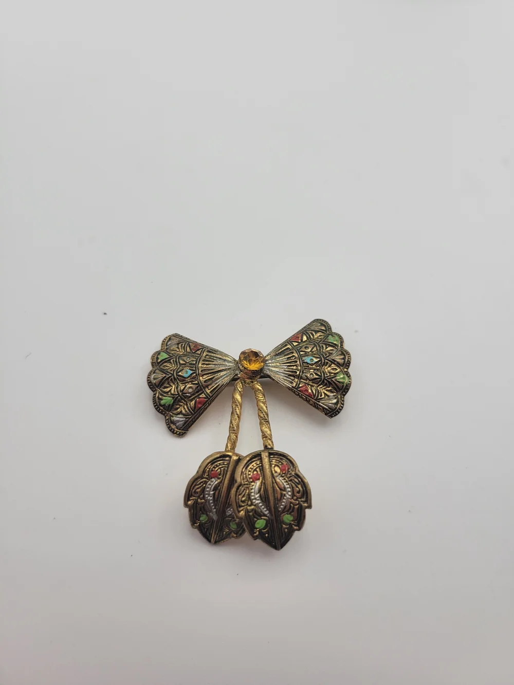 Vintage Enamel And Rhinestone Detailed Toledo Damascene Brooch